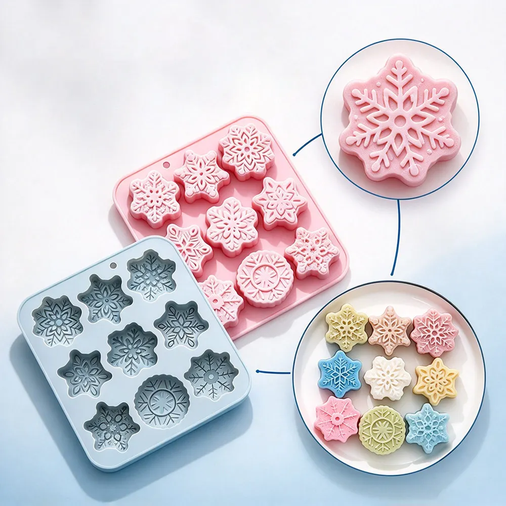 Snowflake Silicone Mold, 9 Style Christmas Snowflake Chocolate Molds Holiday Baking Molds for Dessert Soap, Xmas Cake Decor Mold