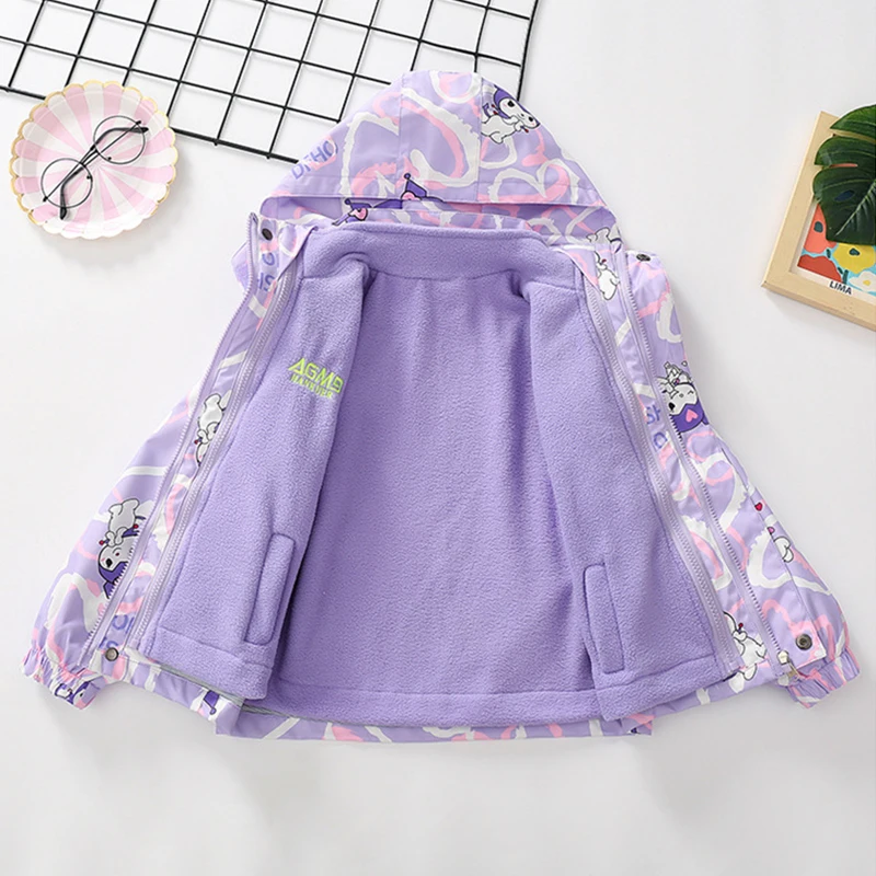 Kuromi Girls Coat Windbreaker Hooded Detachable Three-In-One Cute Autumn and Winter Clothes Cartoon Girl Holiday Clothing Gift