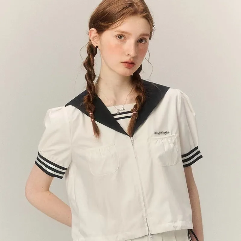 QWEEK Kawaii Preppy Sailor Collar Shirt Woman Vintage Sweet Loose Blouse Japanese Style Summer Harajuku Fashion Streetwear 2024