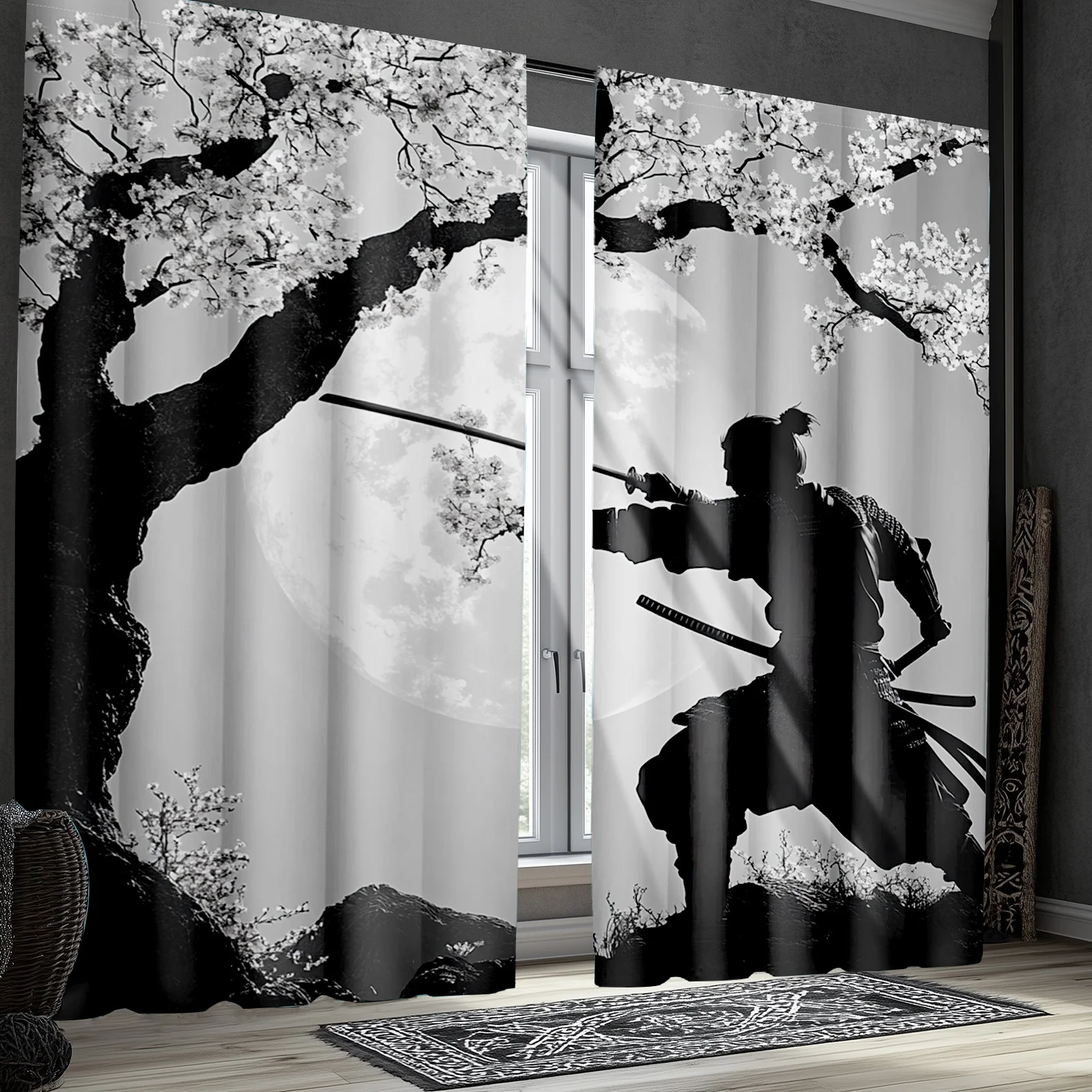 Samurai Warrior Curtain, Japanese Cherry Blossom Moon Window Drape Ninja Silhouette Decor for Living Room Asian Zen Home Textile