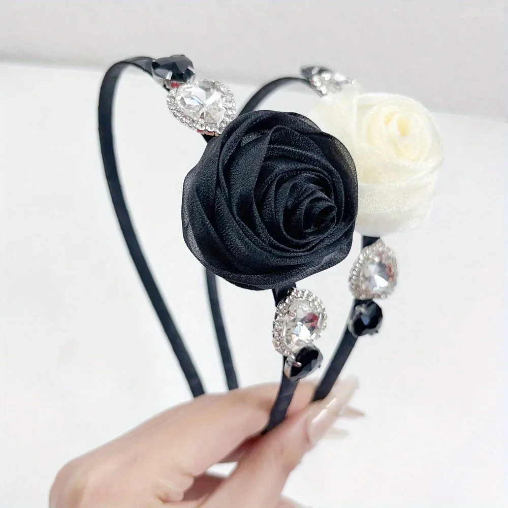 

Bridal Chiffon Rose Headband with Rhinestone Heart Korean Vintage Design Elegant Wedding Hair Accessory for Women