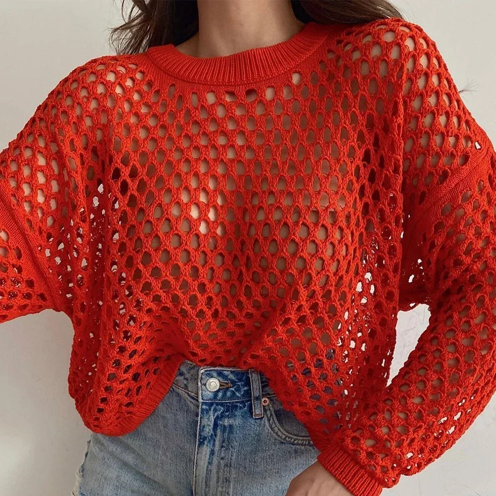 Women Mesh Fishnet Crop Tops Long Sleeve Crew Neck Sexy Hollow Out Loose Shirts Short Knit Flared Sleeve Casual Y2k Pullover