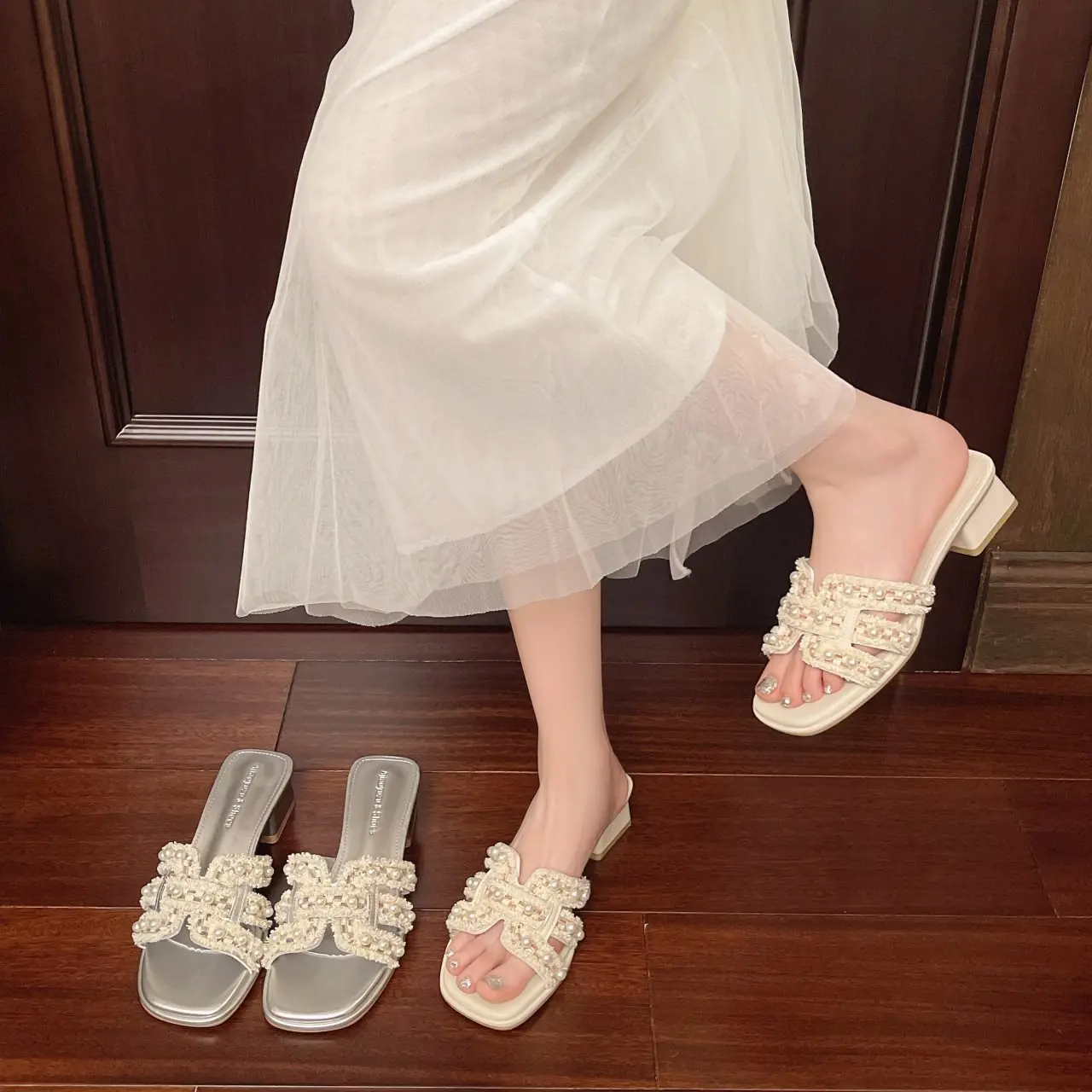 

Tweed style cross pearl french summer slippers women's,outwear sandals woman,lazy new arrival 2025