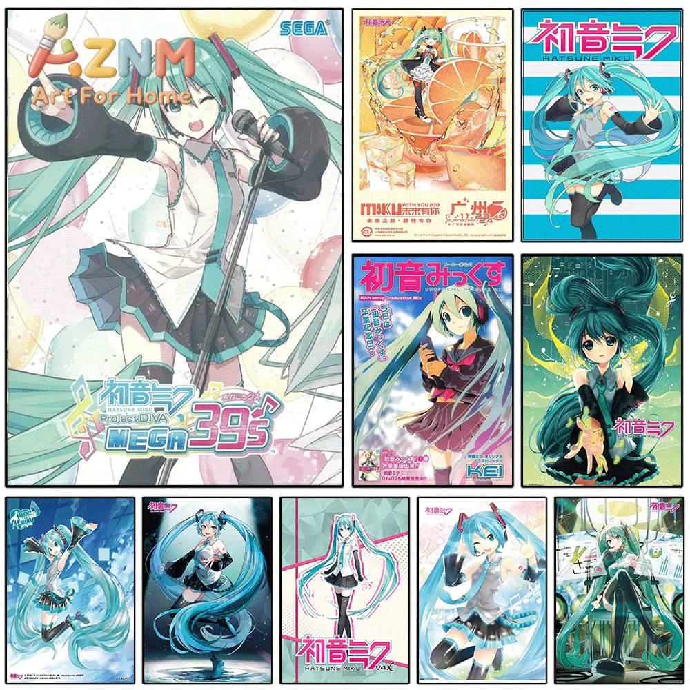 AZNM Hatsune Miku Project Diva Canvas Painting, Frameless Canvas Wall Art, Virtual Singer Anime Wall Painting for Bedroom Livi