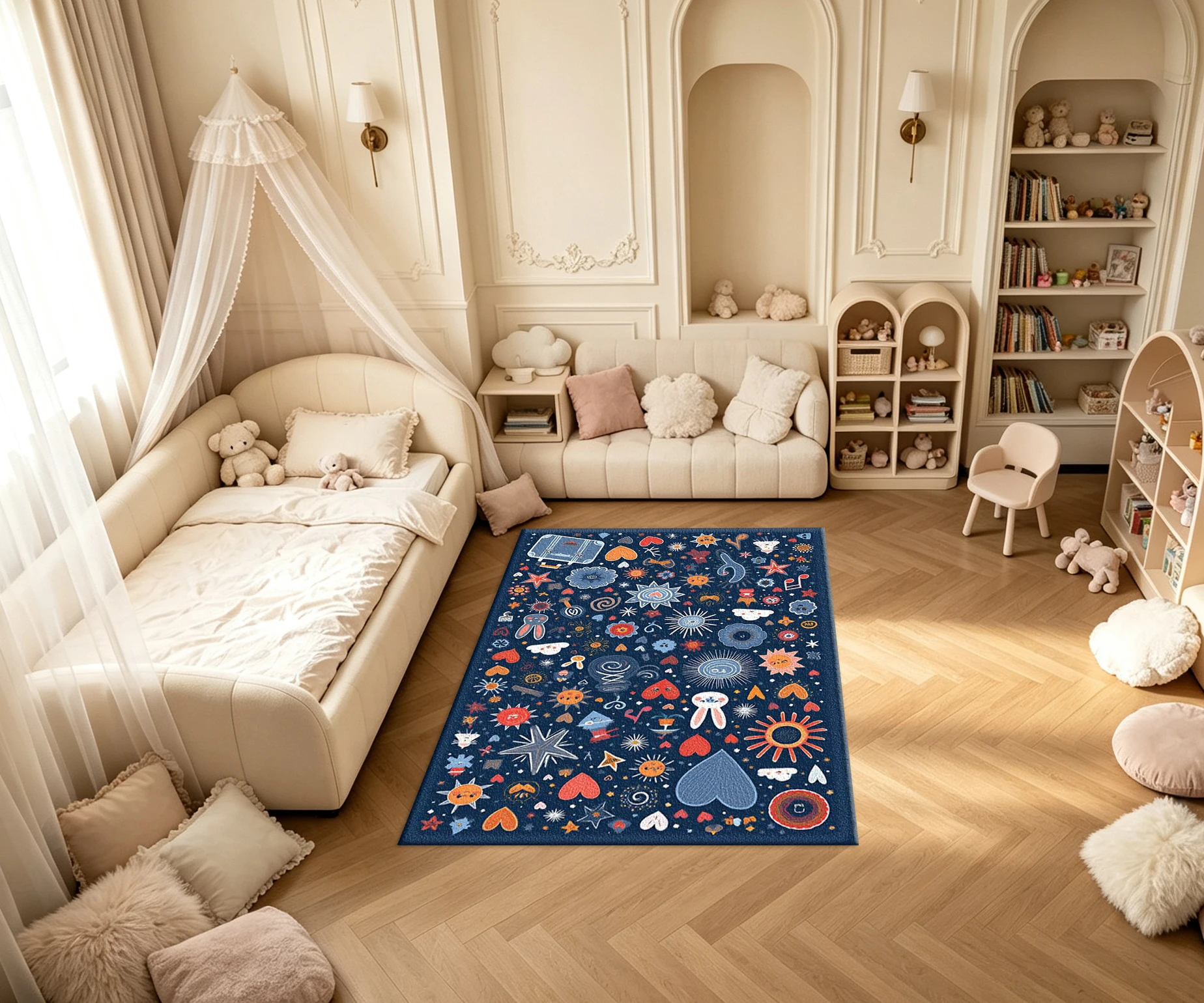 Dark Blue Doodle Sun Heart Rabbit Star Carpet Flooring Whimsical Folk Style Multi-Element Printed Square Floor Rug for Home Art Decor