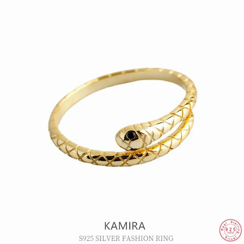 KAMIRA 925 Sterling Silver Cute Chic Black Zircon Snake Adjustable Rings for Women Party Punk Rock Cool Fashion Jewelry Neutral