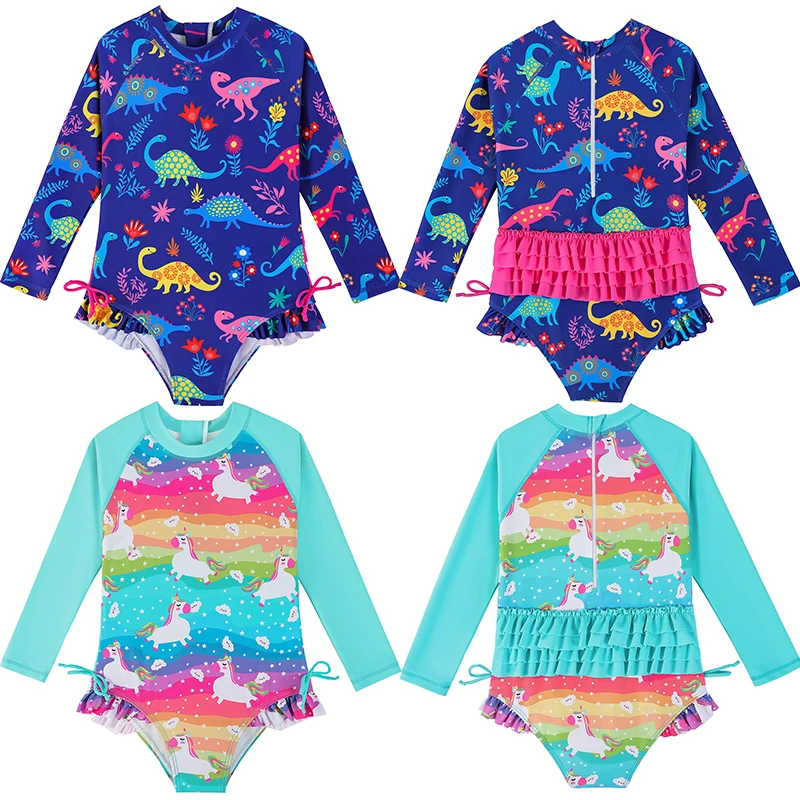 

Children's Swimsuits Girls One-piece Long Sleeves Swimming Unicorn Cartoons Edge Of Lotus Leaf Beach Baby Bathing Suit 1-5Years