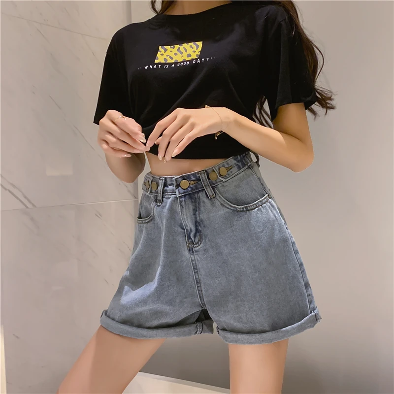 

Spring Autumn plus Size Korean Style Loose Jeans Shorts Women's High Waist Wide Leg Hot Pants Trendy Cuffed Hem A-Line Shorts