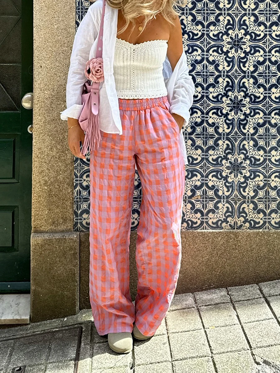 Women Fashion Pink Plaid Print Casual Slim Straight Pants Female Chic Zipper Fly Long Length Trousers Mujer