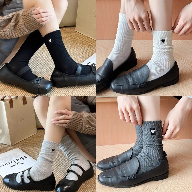 Pure Cotton Versatile Crew Socks Women Four Season Ins Trendy Korean Style AB Asymmetric Embroidered Heart Letters Sports Socks