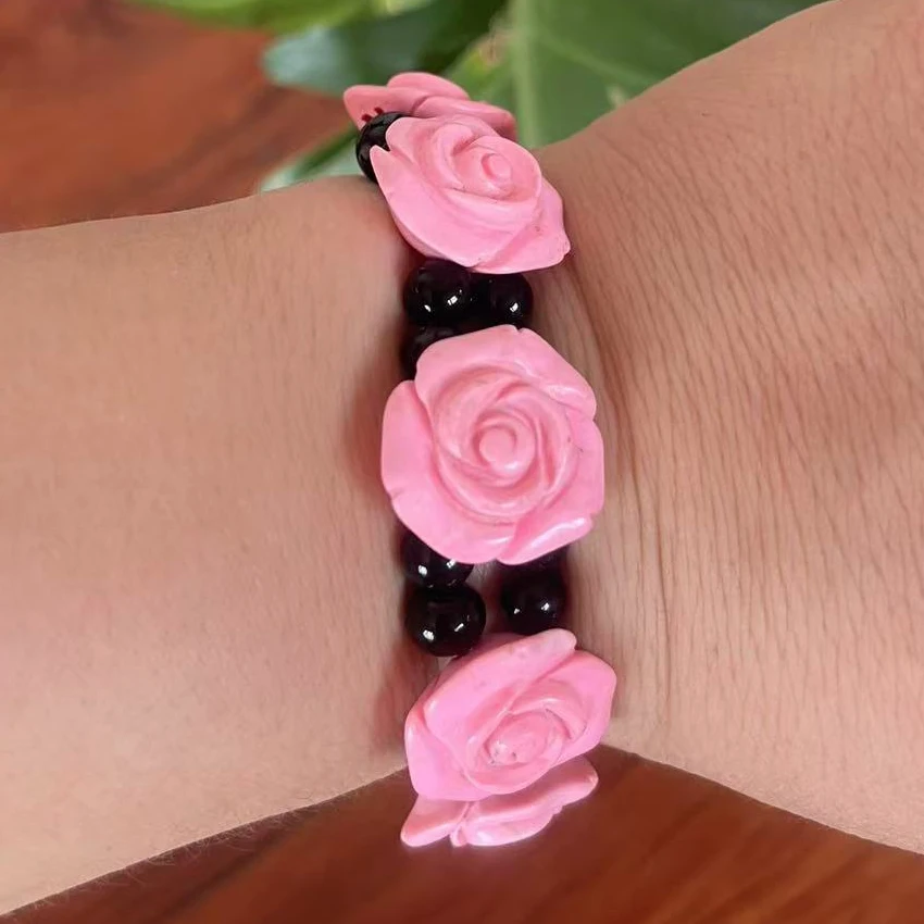 8 inches 10x30mm Pink Flower Carved Natural Turquoise Bracelet