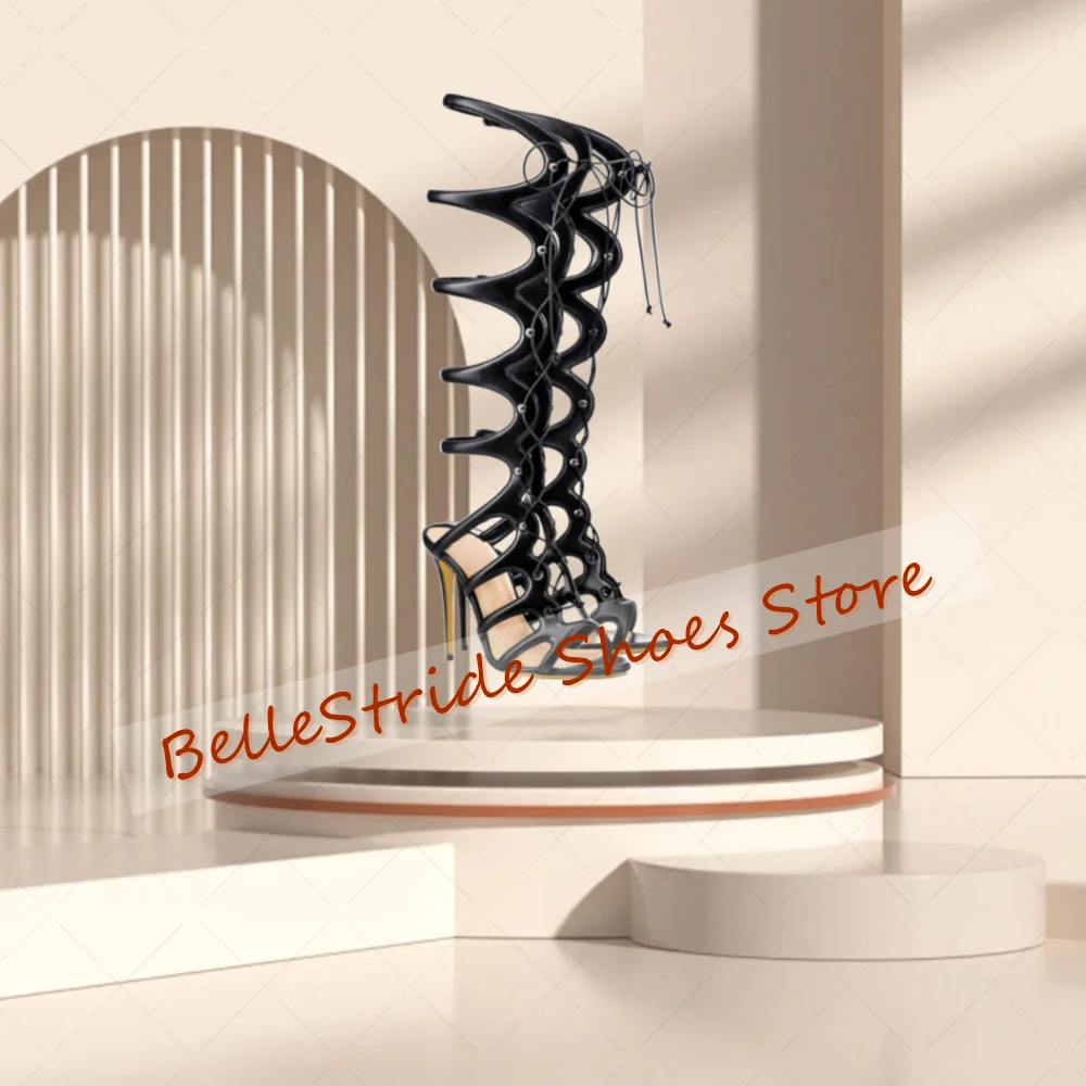 블랙 홀로우 아웃 오픈 토 샌들 부츠 레이스업 여성 신발 스틸레토 하이힐 파티 연회 데이트 2025 여성용 신발