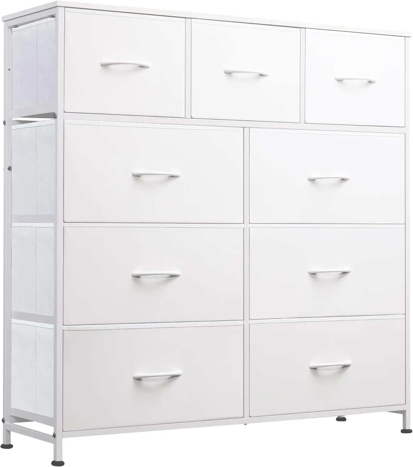 

9-Drawer Fabric Dresser with Steel Frame and Wood Top, Tall Storage Tower for Bedroom or Closet Organization