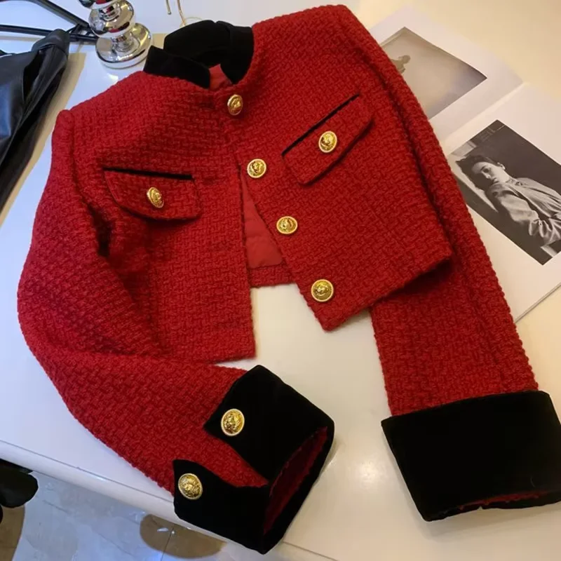 

Модная твидовая короткая куртка с вышивкой, женская осенне-зимняя элегантная офисная женская куртка Y2K, корейская однобортная укороченная верхняя одежда с круглым вырезом