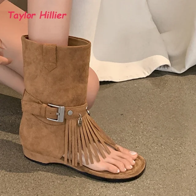 Botines con flecos para mujer, tacón ancho y hebilla estilo western