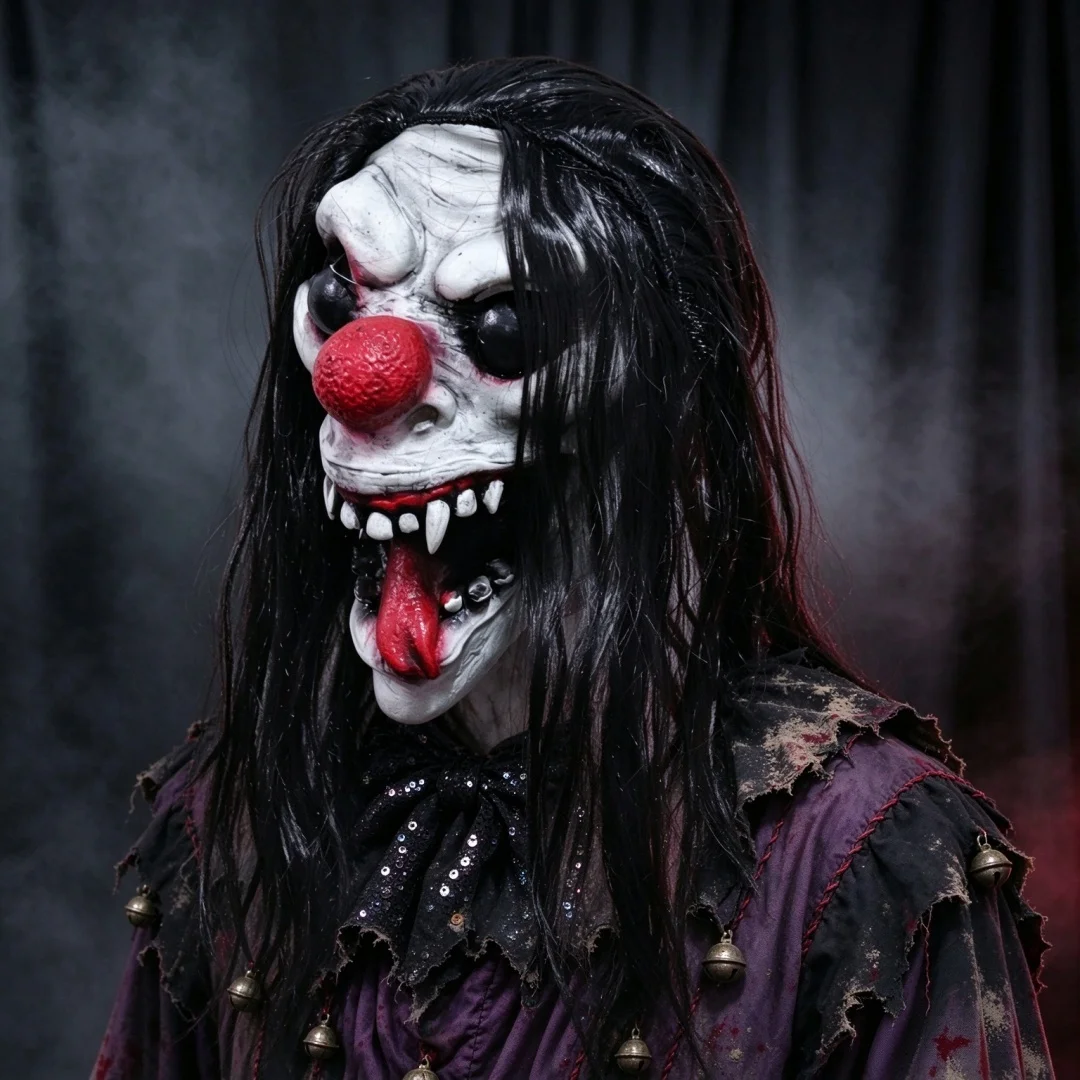 Horror Clown Style Mask Scary Red Nose Costume Mask with Long Black Hair, Sharp Fangs & Long Tongue, for Halloween Party, Haunted House Escape Room Cosplay Prop, Creepy Full Head Mask for Themed Party Decoration
