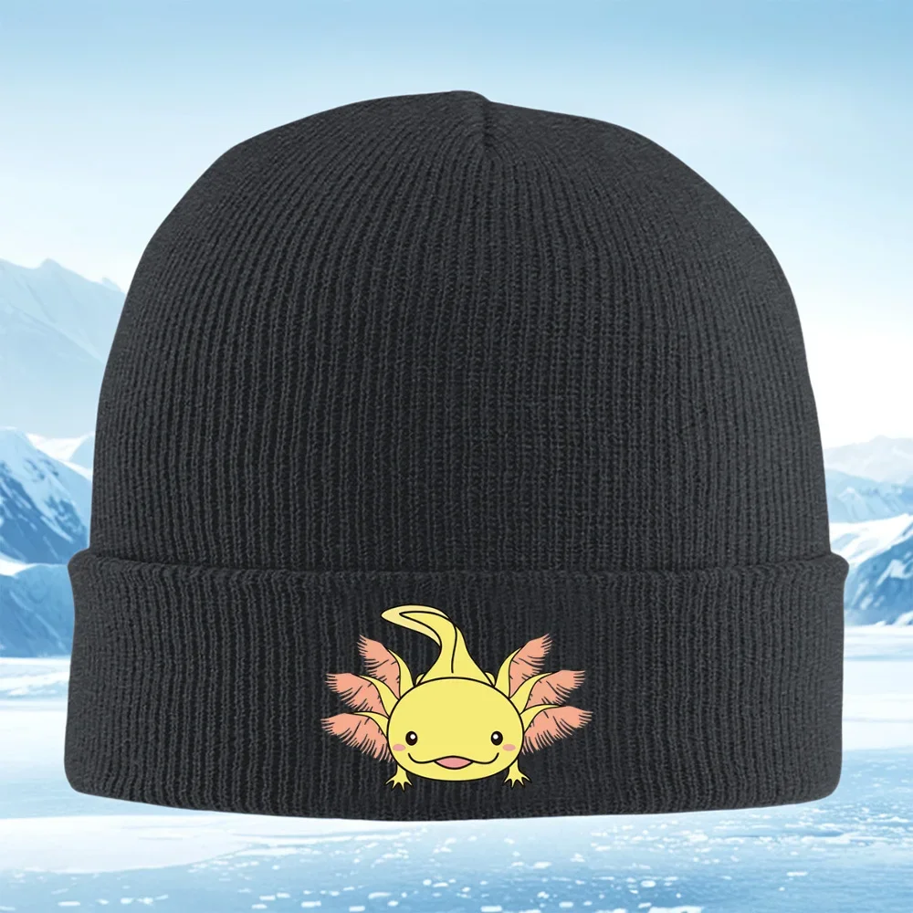 2026 Smiling cartoon yellow axolotl amphibian creature Men Women Unisex Knitted Hat Beanie Pullover Cap Winter Thermal Warm Chri