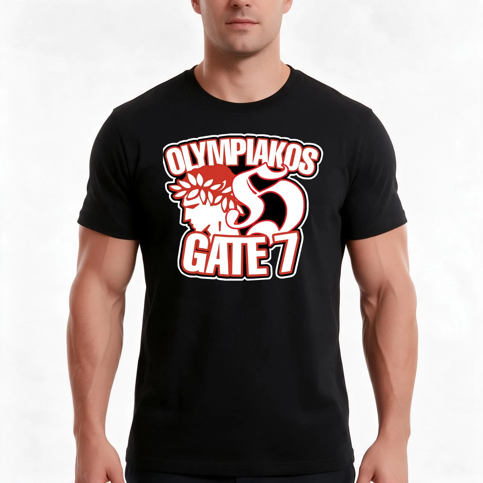Olympiakos Gate 7 T-Shirt, Summer Casual Cotton Tee, Oversized Streetwear Tops, Vintage Graphic Print, Loose Fit Short Sleeve