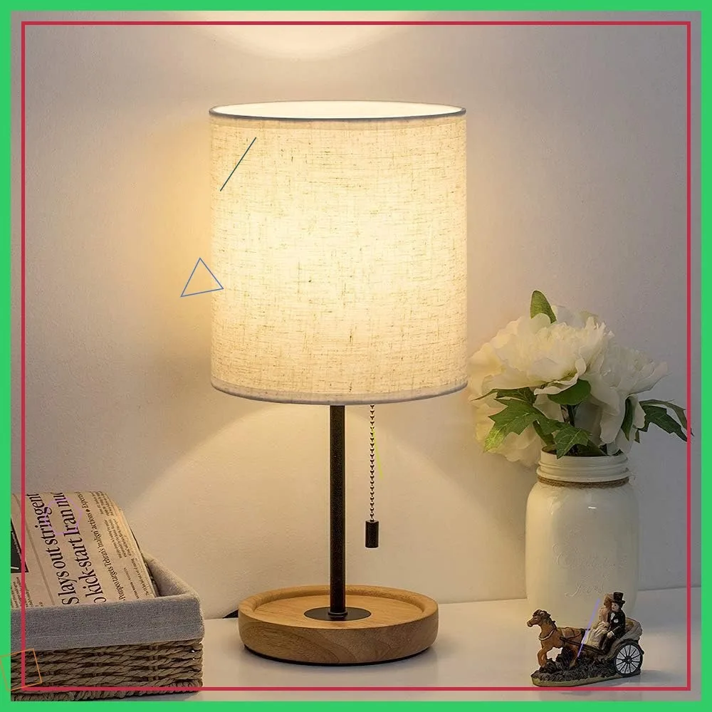 Modern Nightstand Lamp with Linen Shade Wooden Desk Light for Bedroom Office Dorm Dining Room - 16 Inches