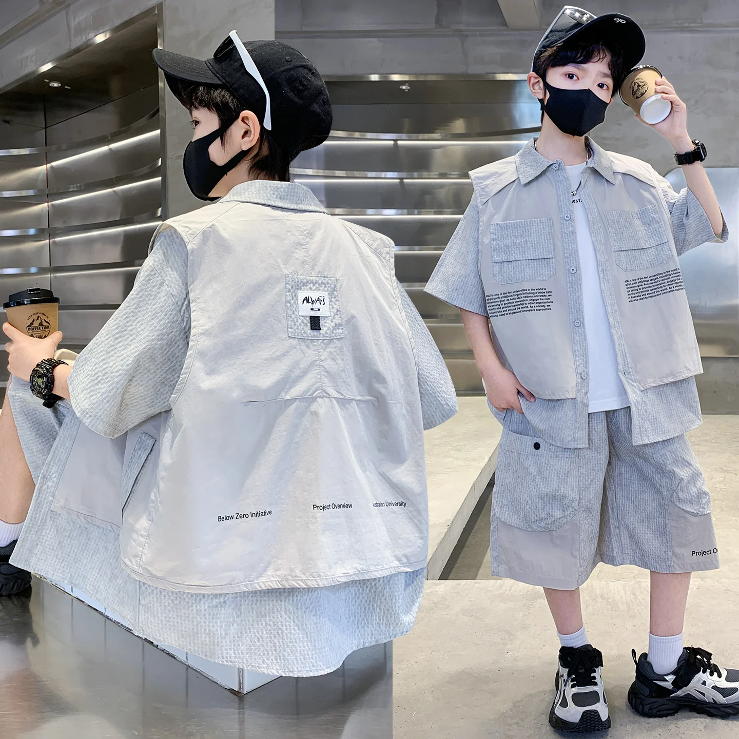 Boys 2 Pcs Outfit Set Fake Vest Short Sleeve Shirt + Casual Shorts Summer Kids Trendy Letter Print Patchwork Clothing Suit