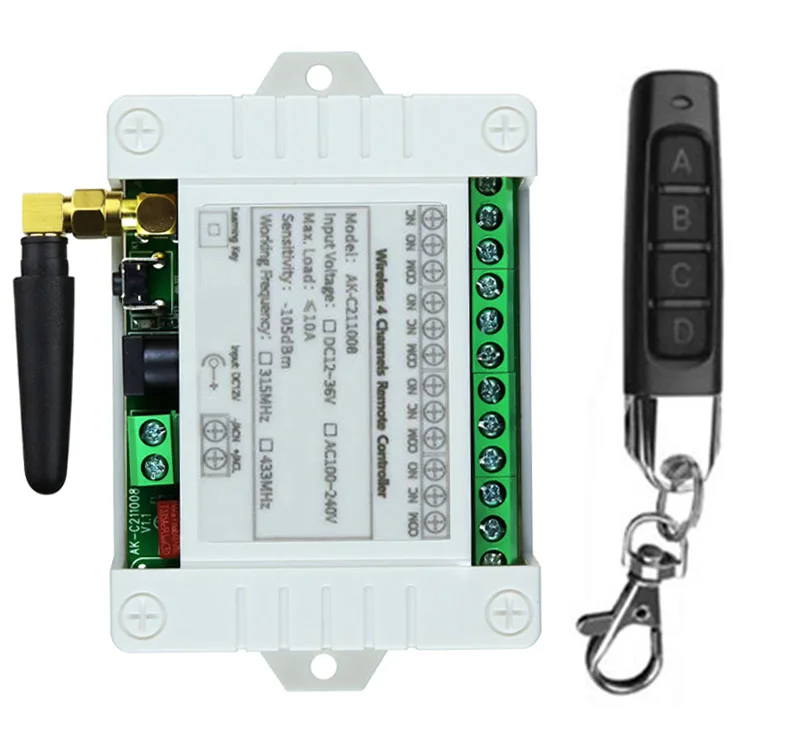 Smart Multiple DC 12V 24V 36V 10A 433MHz 4CH Relè wireless a 4 canali Ricevitore interruttore telecomando RF + Trasmettitore pollici