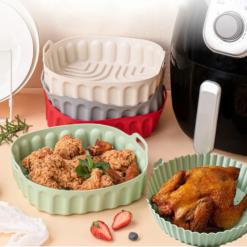 Großes Silikon-Korbtablett für Luftfritteusen, quadratisch/rund, antihaftbeschichtet, AirFryer-Formfutter, Bpa-freie Ofenmatte, Backzubehör