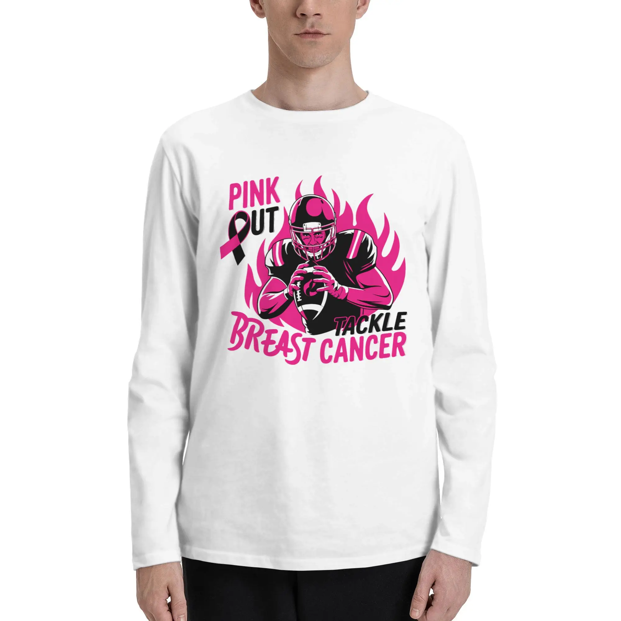Tackle Breast Cancer Football Pink Ribbon Awareness High Quality Sweatshirts Men's Oversized Hoodies Winter Pullover