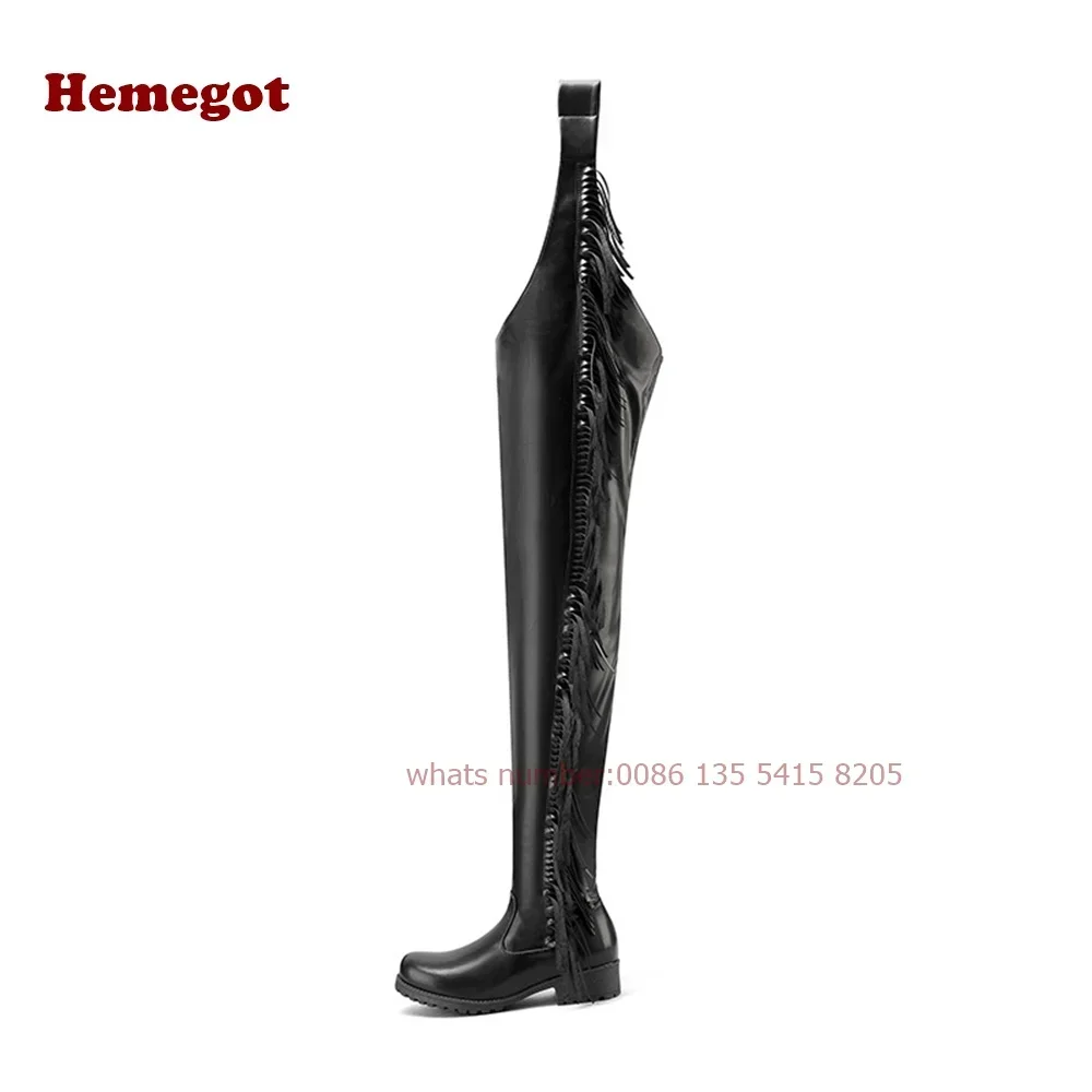Black Tassel Pant Boots Round Toe Chunky Heels Belt Buckle Thigh High Women's Boots Fringe Leather Winter Shoes Warm Casual Shoe