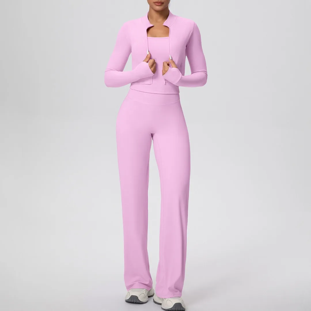 

Women's Brushed Zipper Jacket Yoga Set Sports High Waist Racerback Tank Vest Wide-Leg Pants Running Fitness 3pc Yoga Set