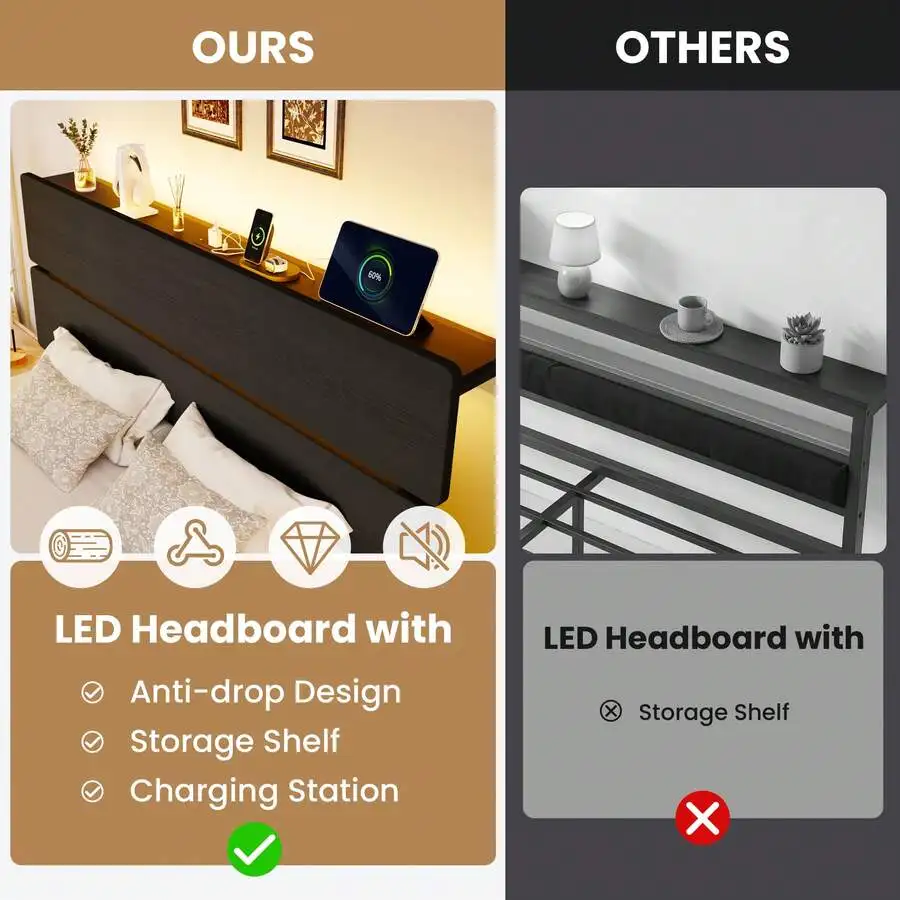 Twin/Full/Queen/King Size Bed Frame With Led Light & Built-In Charging Station, Wooden Storage Headboard And Footboard, Metal Platform Bed With Under Bed Storage, No Box Spring Needed, Noise Free, Black view 5
