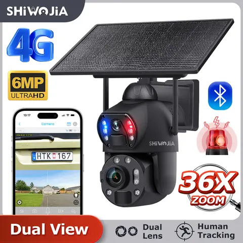 SHIWOJIA 듀얼 렌즈 듀얼 PIR 감지 휴머노이드 자동 추적 야외 보안 카메라, 3K, 6MP, 36X 줌 태양광 카메라, 4G SIM/WIFI