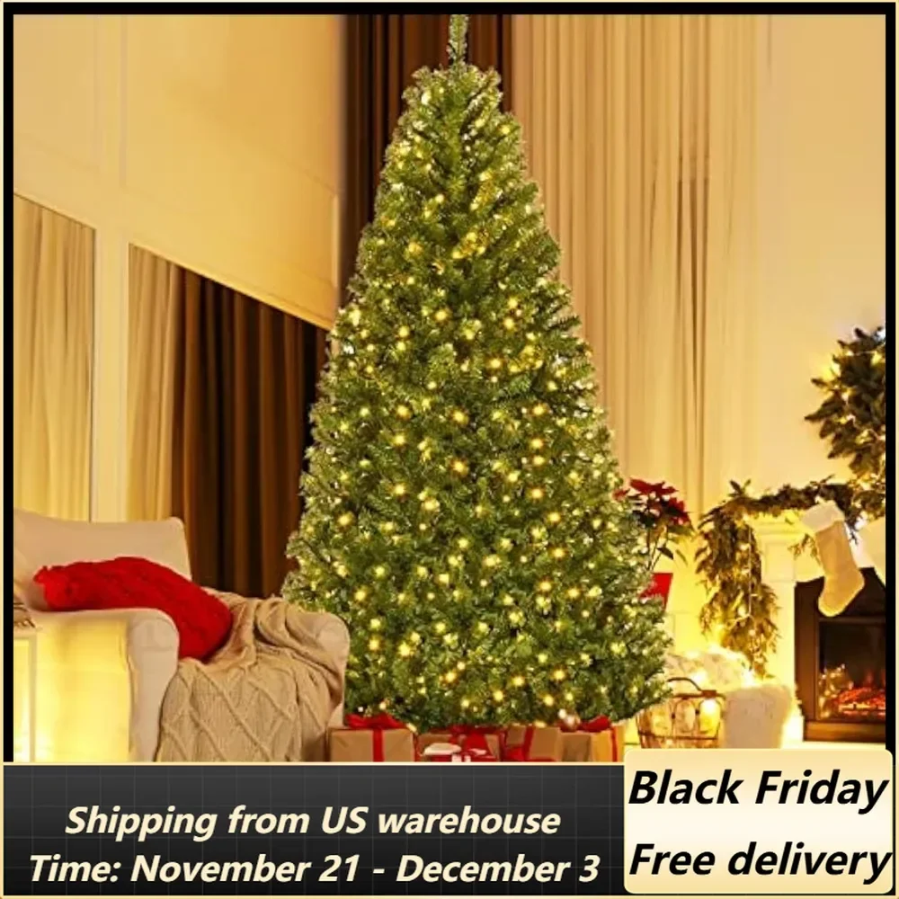 9Ft Pre-lit Artificial Christmas Tree, Pencil Hinged Christmas Tree w/ 1000 Dual-Colored LED Lights, 2944 PVC Branches,