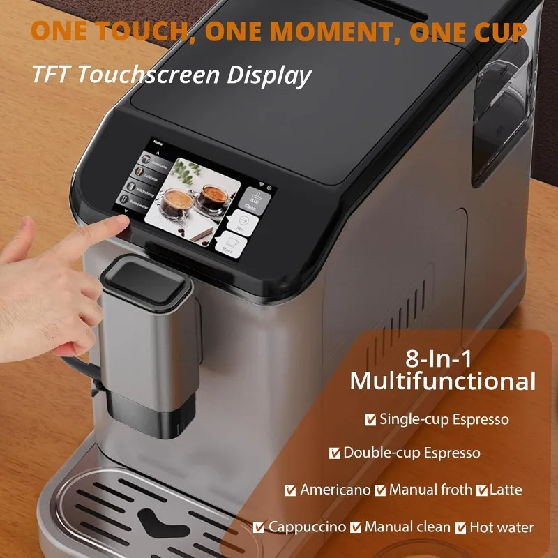 Fully Automatic Espresso Machine With Milk Frother, One Click Recipes, Touch Display, 20 Bar Pressure, 15 Grind Settings,