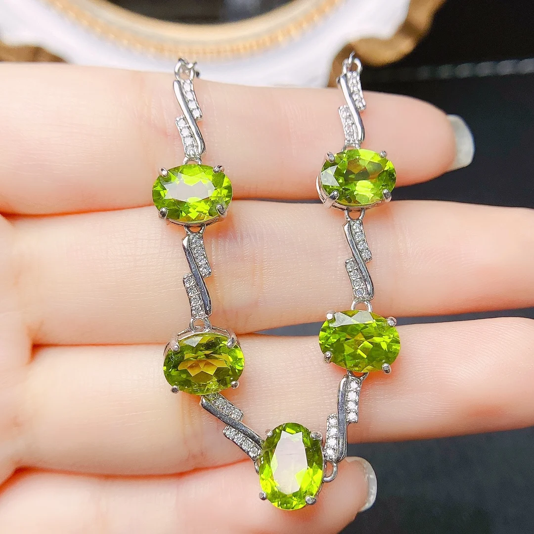 

FS Fashion S925 Sterling Silver Inlay 7*9 Natural Olivine Bracelet With Certificate Fine Charm Wedding Jewelry for Women MeiBaPJ