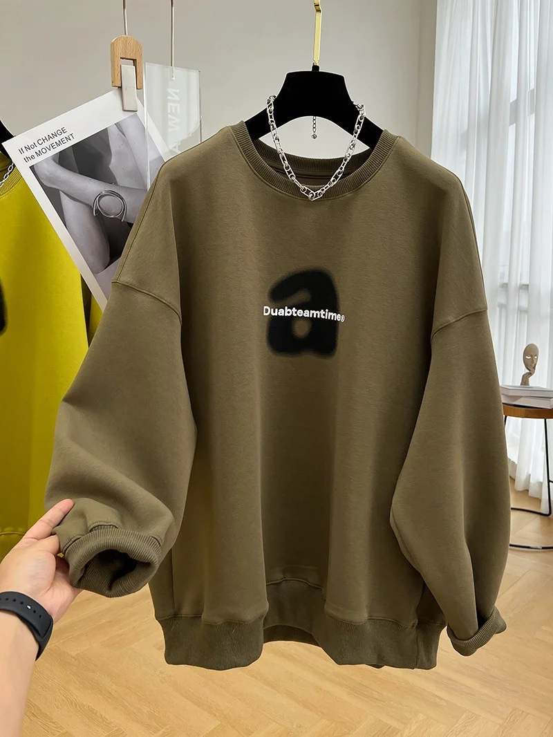 

Loose Fit Long Sleeve round Neck Sweatshirt Women's Spring Autumn Style Trendy Korean Version Comfortable Polyester Blend