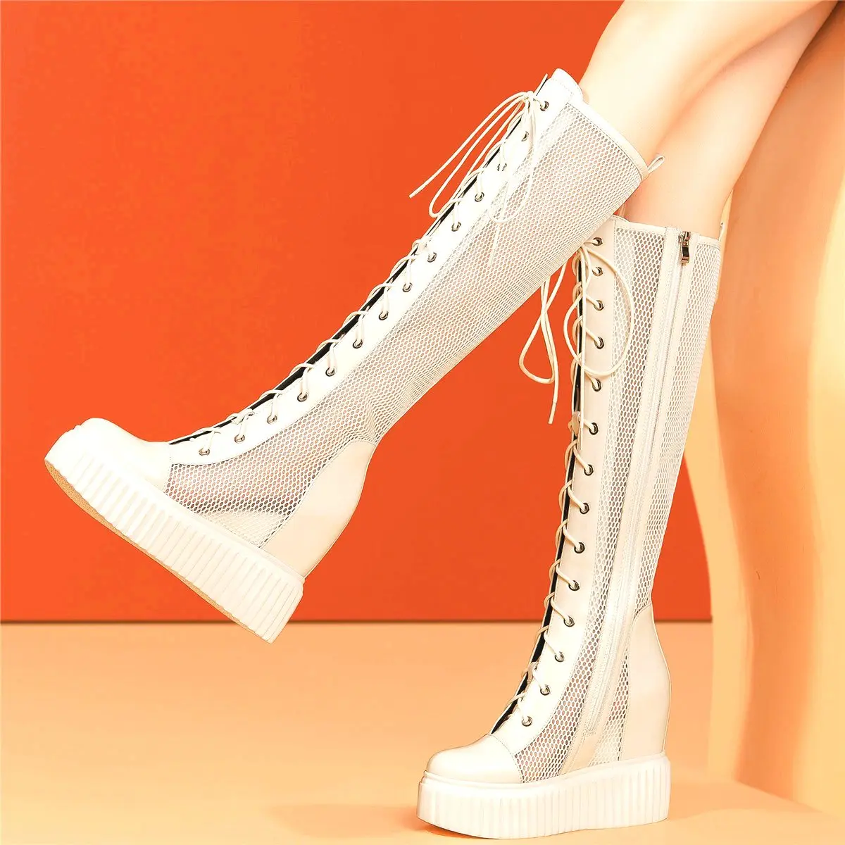 

Punk Goth Summer Knee High Boots Women Genuine Leather Round Toe Platform Wedge Sandals High Heel Creeper Oxfords