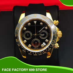 Luxury eight diamonds three eyes chronograph panda sterile dial gold plated quartz watch VK63 caliber sapphire glass men's watch