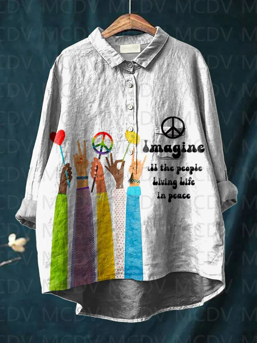 Imagine All The People Living Life In Peace Art Print Casual And Linen Shirt Women\'s Tops