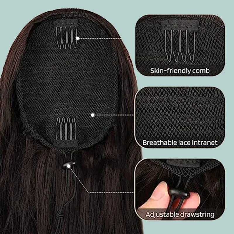 26inch Drawstring Clip in Ponytail for Women Synthetic Water Wave Ponytail Hair Extension Black Long Natural Wave Fake Tail