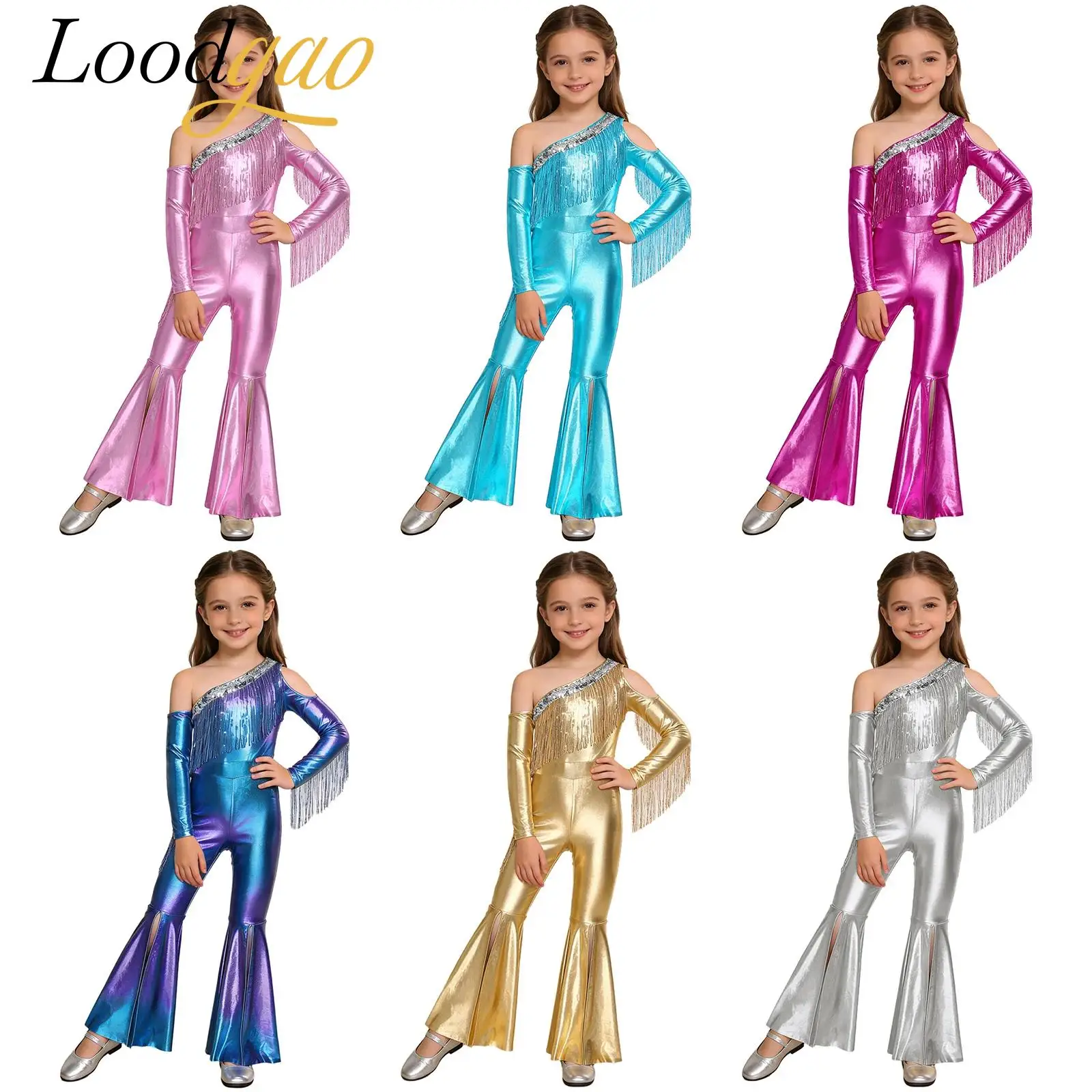 

Детский костюм для девочек в стиле 70-х: диско, джаз, хиппи. Комбинезон с бахромой, пайетками и металлическим эффектом. Для танцев и вечеринок.