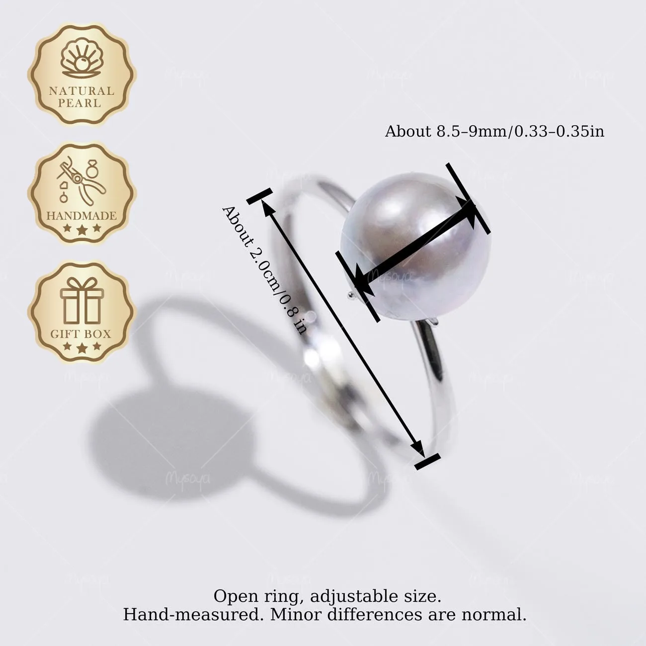 MYSOYA 8.5-9mm Gray Akoya Baroque Saltwater Pearl Open Ring in Silver, Gift Box Included, Fashion Jewelry S187