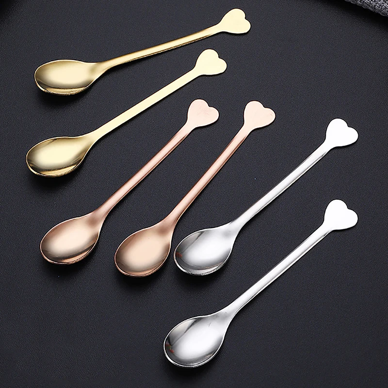2pcs Stainless Steel Love Handle Shaped Coffee Spoon Teaspoon Children Spoon Beautiful 3 Colors Coffee Tea Use Kitchen Spoon