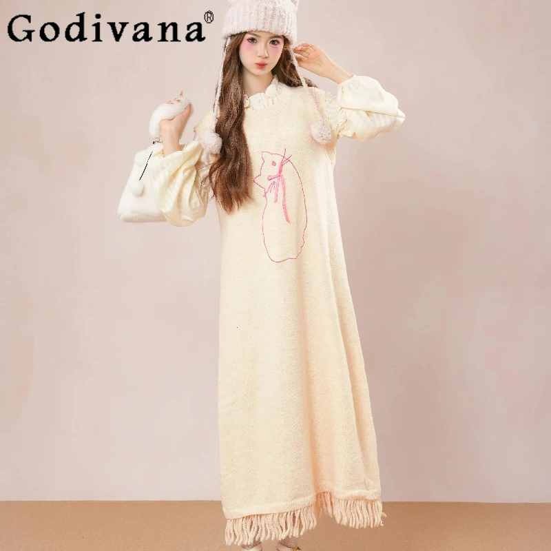 

Autumn Winter Lolita Outfits Women Sweet Pink Long Sleeve Shirt and Knitted Vest Dress Female Japanese Style Cute Dress Set
