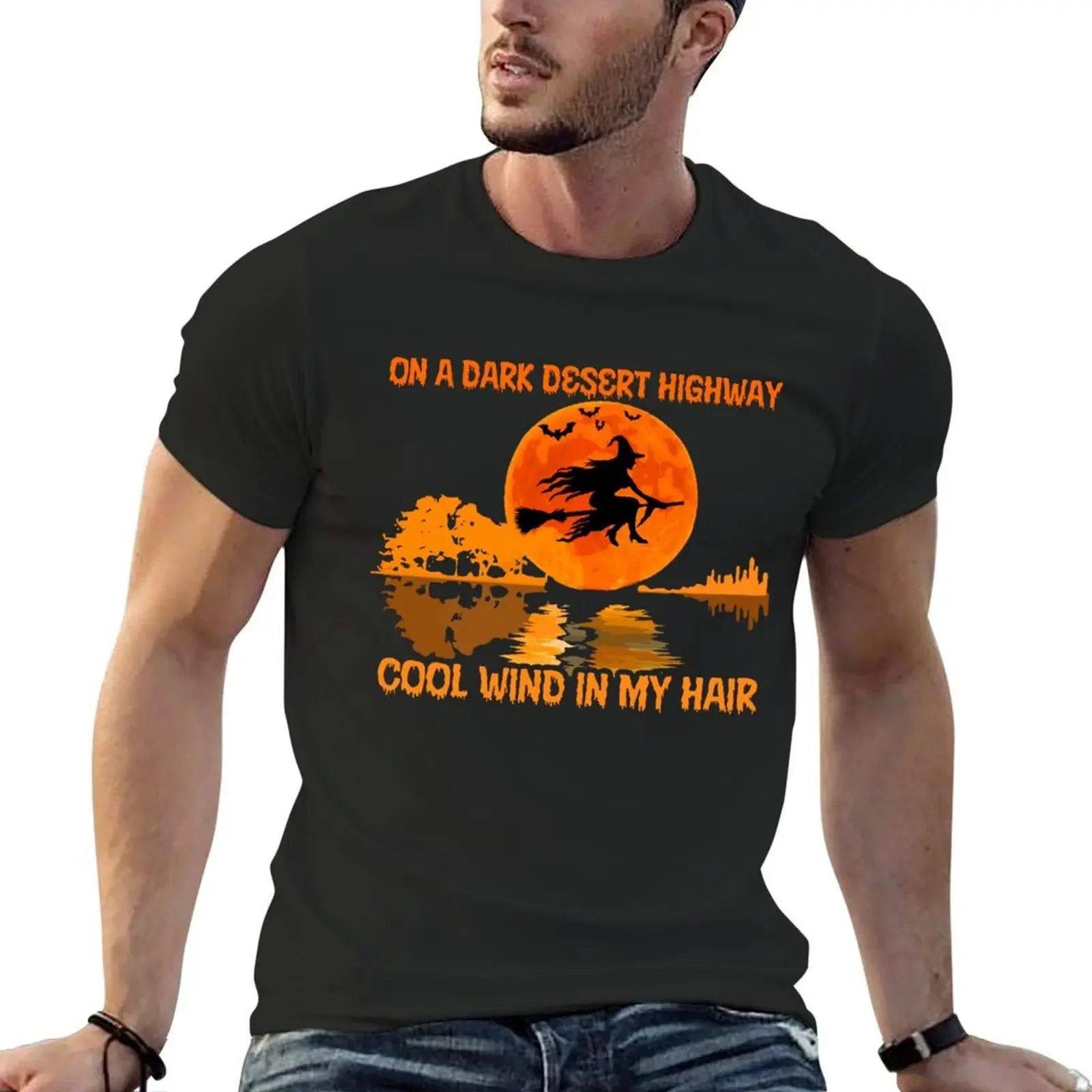 Halloween Witch Fly On A Dark Desert Highway Cool Wind In My Hair Witch T-Shirt blue lock Short sleeve tee mens t shirt