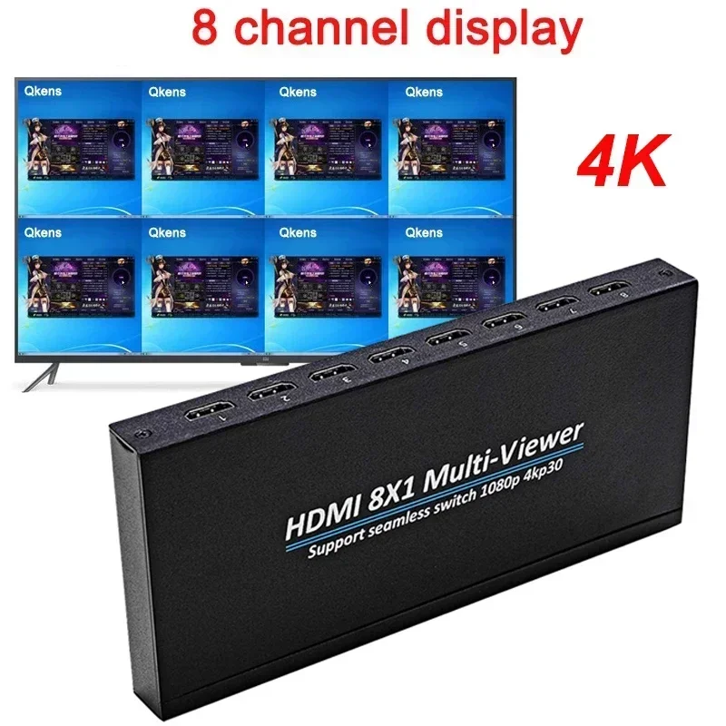 4K HDMI Multiviewer 8x1 1080p Quad Screen Multi Viewer 8 Image Display on 1 TV Seamless Switch for PS4 DVD Camera PC to Monitor