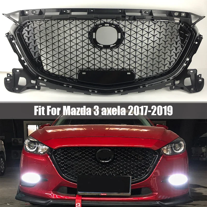 

For Mazda 3 Axela 2017 2018 2019 gloss black honeycomb grille ABS Front Middle Grille Front Bumper Grill Upper Grille