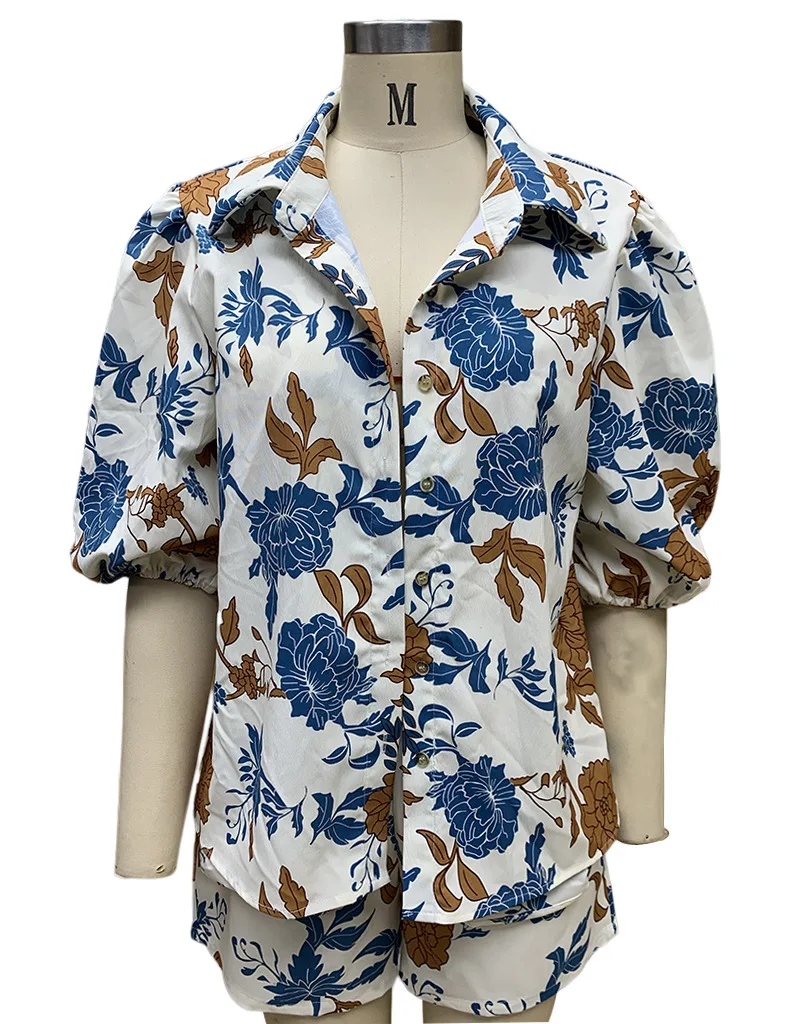 BAMBOOBOY Sexy Loose Print 3 Piece Sets Women Outfit Vintage Half Puff Sleeve Shirt + Bra With High Waist Shorts Set Streetwear