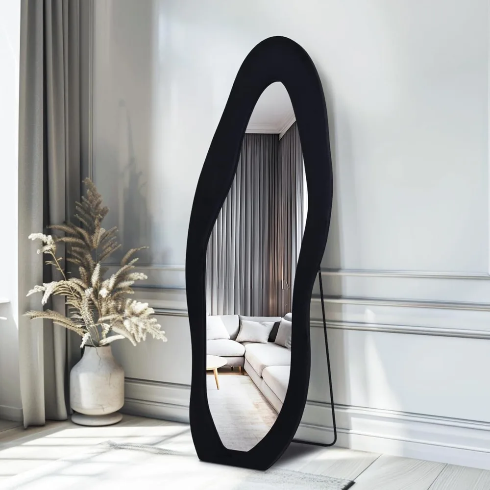 Wall Mounted Full Body Mirror 63x24 Inches, Leaning Floor Mirror with Black Flannel Frame, Irregular Shaped for Home Decor