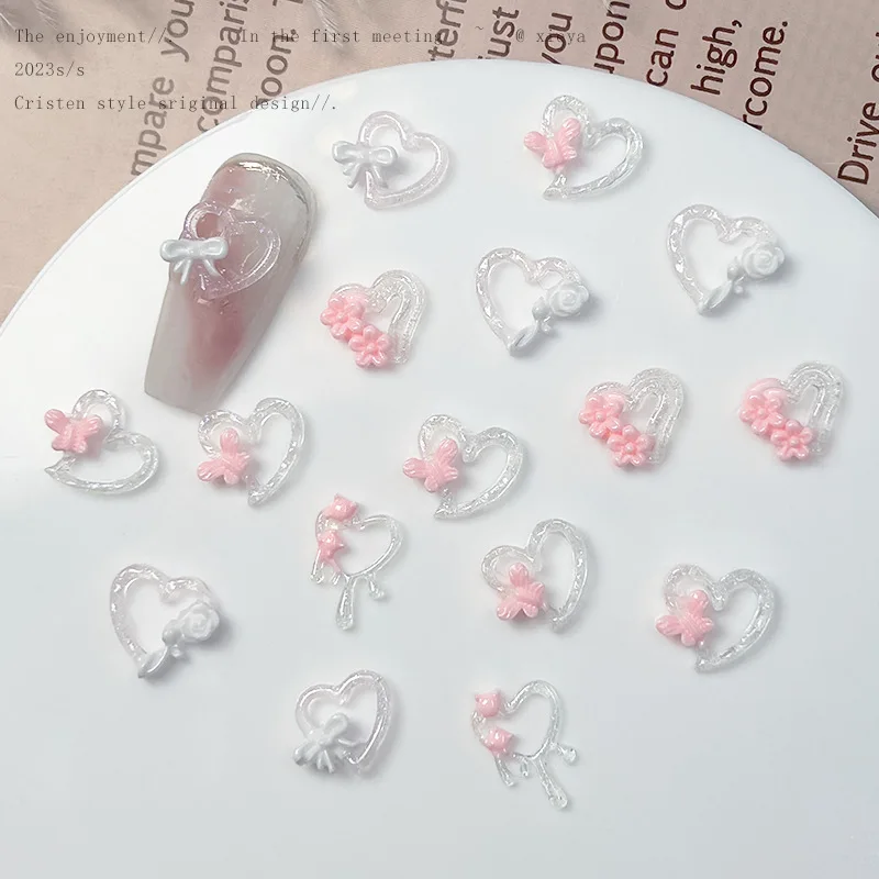 50 Stuks Schattige Roze Bloem Liefde Mini Nail Bedels Accessoires Gemengde Lichtgevende Strik Vlinder Nail Art Decoratie Benodigdheden Zomer Onderdelen