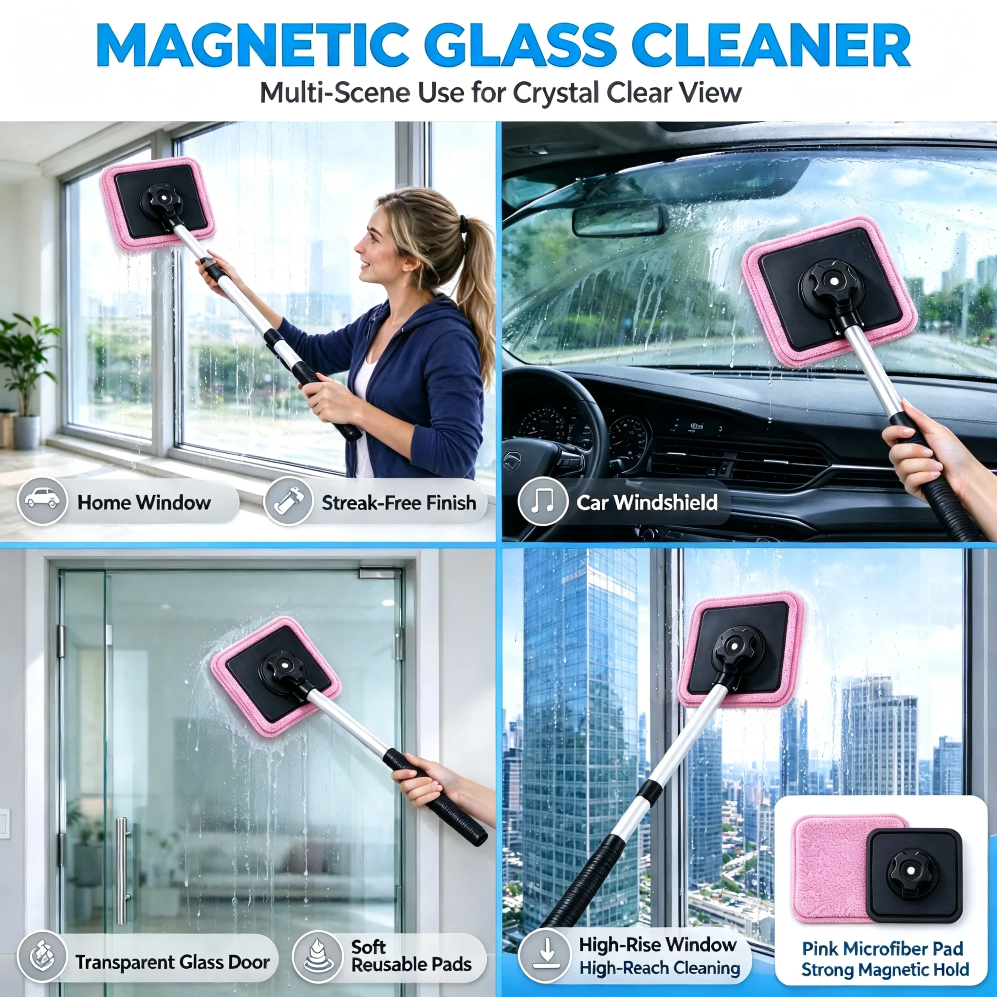 2026 Dual Magnetic Car Windshield Cleaner Upgrade Window Cleaner Streak-free Auto Glass Kit Clear Glass Doors Double-Sided Brush